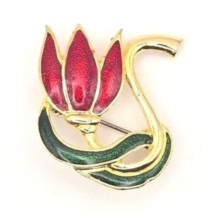 Vintage Signed Gold Tone SFJ Tulip Brooch‎ Pin Red Enamel Green Leaf Flower